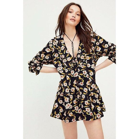 NEW FREE PEOPLE Sz XS CHARLIE PRINTED BUTTONDOWN TUNIC TOP MINI DRESS IN BLACK - Picture 4 of 4
